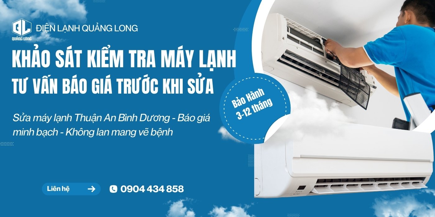 Thợ sửa máy lạnh đang kiểm tra máy lạnh cho khách hàng tại Thuận An Dịch vụ sửa máy lạnh Thuận An – Quảng Long