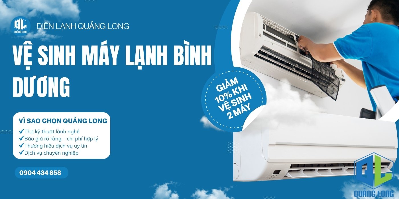 Thợ vệ sinh máy lạnh Bình Dương của Quảng Long đang làm tại nhà khách Vệ sinh máy lạnh Bình Dương của Quảng Long