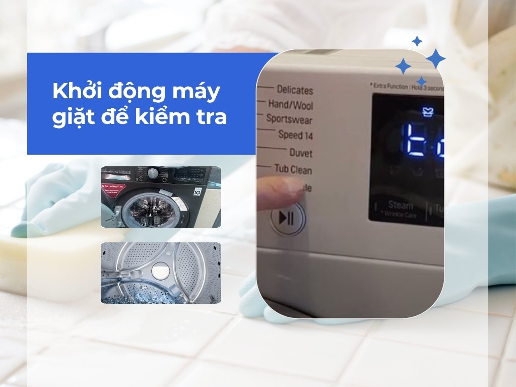 khởi động, kiểm tra tình trạng máy giặt cho khách hàng tại Thủ Dầu Một.