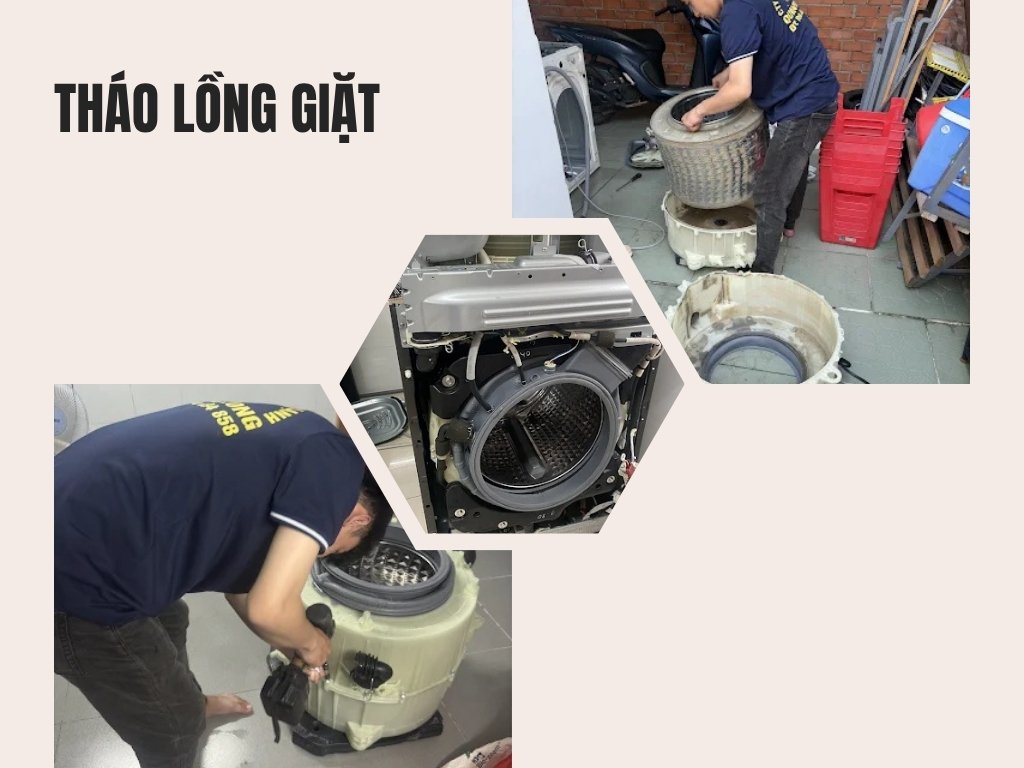 Kỹ thuật viên đang tháo lồng giặt để vệ sinh cho khách hàng Thủ Dầu Một